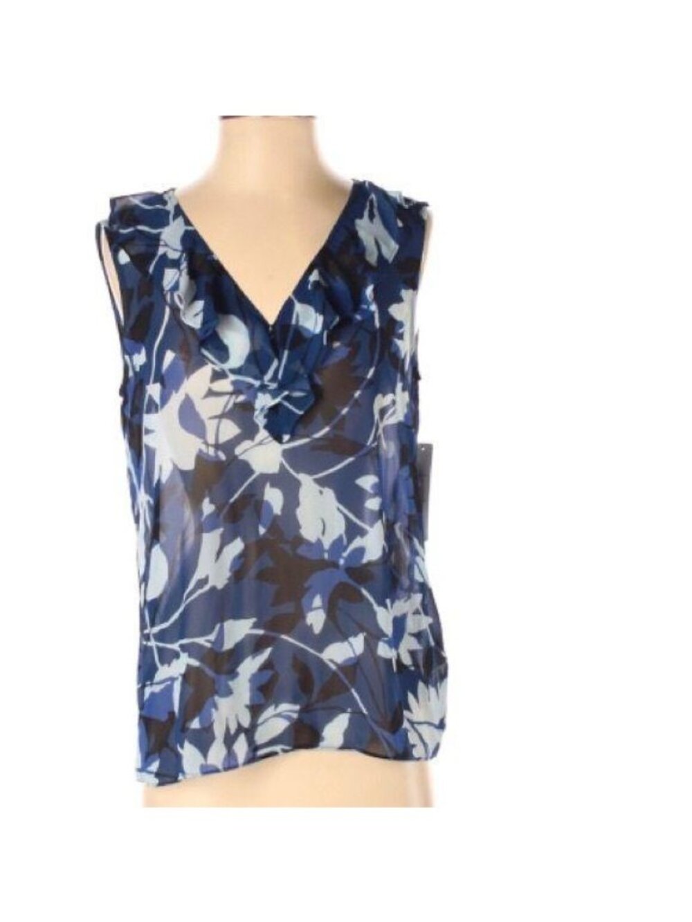 Sleeveless Floral Blouse V-Neck Ruffle By Laundry By Shelli Segal XS Blue & Blac - Picture 2 of 5
